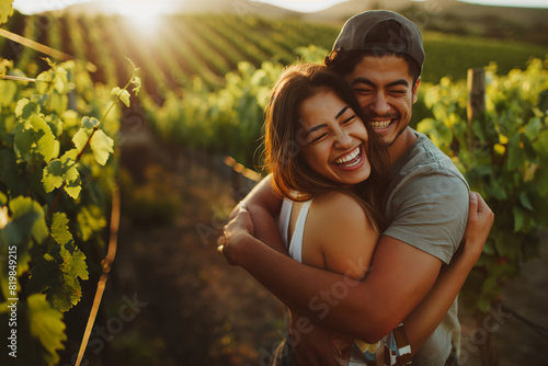 A man and a woman are sharing a warm embrace in a picturesque vineyard setting. Generative AI