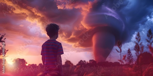 A young boy looks at a huge tornado in the rural area. Concept Weather, Natural disasters, Fear, Rural living, Childhood