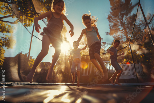 Children happily jumping on a trampoline under the sky. Generative AI