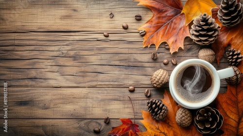 Autumn scene featuring a steaming cup of coffee on a rustic wooden table