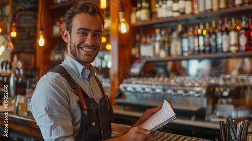 A cheerful young waiter, donning his work uniform, smiles warmly as he takes notes in his notepad, capturing the essence of the lively bar counter behind him. 