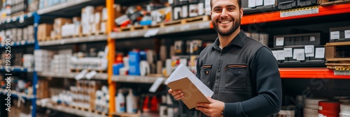 Salesman in an auto parts store, holding a notebook and smiling confidently