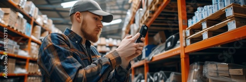 Worker scanning barcodes on automotive spare parts with a handheld scanner, ensuring accurate inventory management in the warehouse