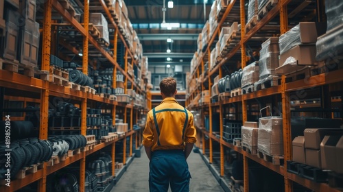 Warehouse worker in uniform, organizing and stacking automotive spare parts on high shelves