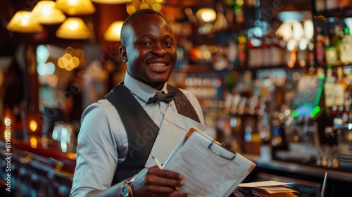 A smiling waiter, dressed impeccably in his workwear, poses with confidence as he makes notes in his notepad, the vibrant bar counter adding depth to the photo. 