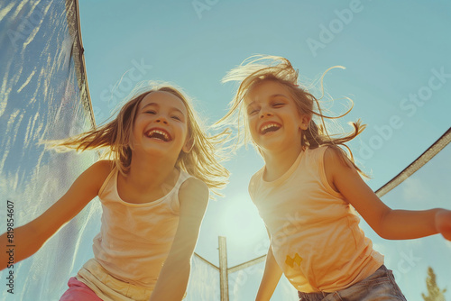 Children Day. Two children jumping on a trampoline and smile. Generative AI