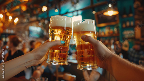 Closeup of hands holding beer glasses, toasting in a lively bar setting