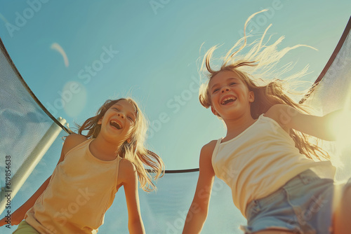 Children Day. Two happy girls in shorts are jumping on a trampoline under the sky. Generative AI