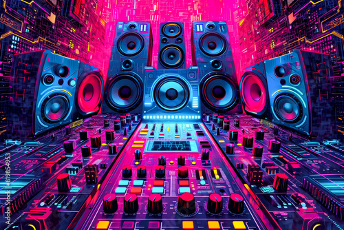 Colorful and abstract picture of speakers turntables and other sound equipment.