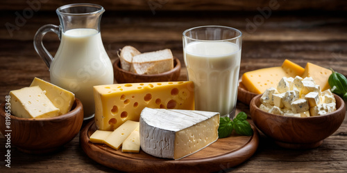 Wooden tray with various types of cheese and glass of milk on top of it.