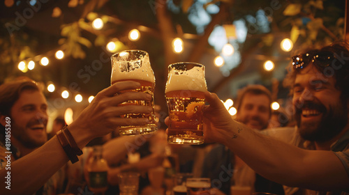 Friends cheering and toasting with beer glasses at an outdoor festival at night