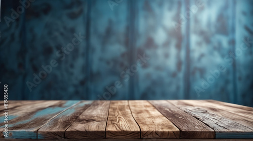Blue wall serves as backdrop for wooden table that fills most of the foreground.