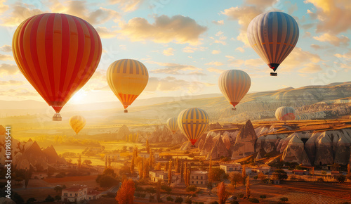 many hot air balloons in the sky at sunset i