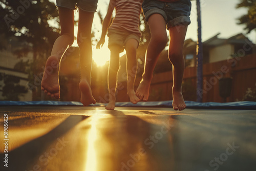 Kids Day. Children leap on a trampoline at twilight, their legs casting silhouettes against the dimming sky. Generative AI