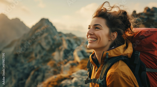 At the apex of a rocky mountain, a hiker captured in close-up, their face aglow with pure happiness and accomplishment.
