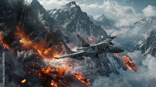 A military combat aircraft fighter flies at high speed and shoots missiles, with explosions and fire on the ground and mountains in the background