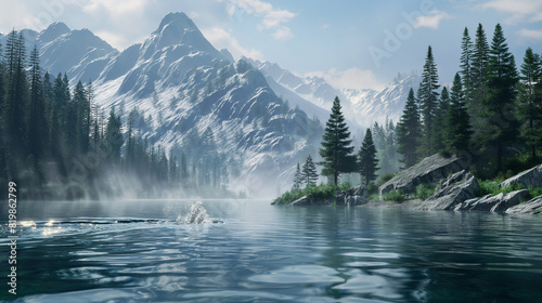 Reflecting the serene blue sky, a freestyle swimming sprint in a misty mountain lake, nestled between towering peaks, with crisp, cool air and pine trees lining the shore.