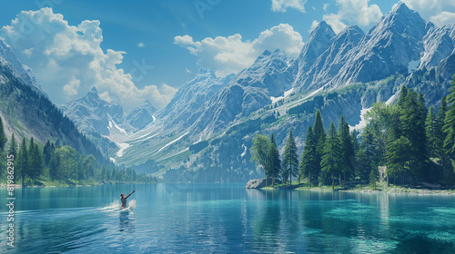  A freestyle swimming sprint in a misty mountain lake, surrounded by towering peaks and pine trees, under a crisp, cool, serene blue sky.