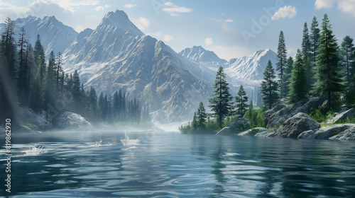  a misty mountain lake, a freestyle swimming sprint takes place, nestled between towering peaks under a serene blue sky, with pine trees lining the shore.
