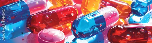 Create an illustration of a handful of pills with vibrant colors and a glossy texture. The focus should be on the pills, with a blurred background.