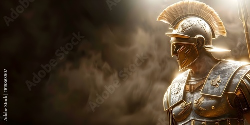 Ancient Roman Male Legionary in Full Armor with Helmet, Crest, Gladius, and Scutum Shield. Concept Roman history, Military equipment, Warrior culture, Ancient armor, Battle tactics
