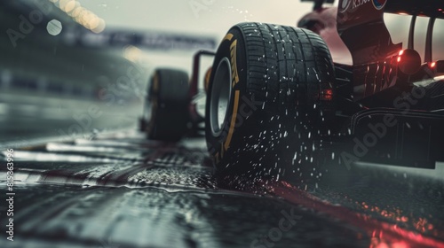 A racing car is shown in a wet race track