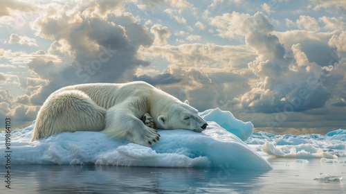 A polar bear is laying on top of a large piece of ice