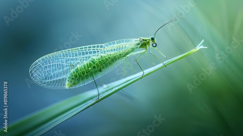 A delicate green lacewing perches on a blade of grass, its transparent wings shimmering in the sunlight.