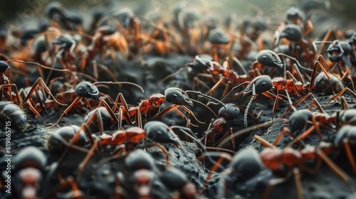 A colony of ants marches across the forest floor in search of food