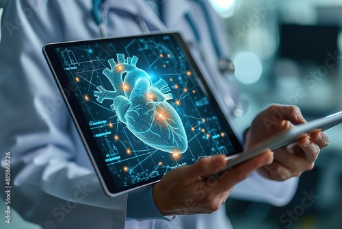 Cardiologist doctor examine heart functions and check up report electronic medical record of patient on tablet Digital healthcare and network connection on interface, Science Medical technology