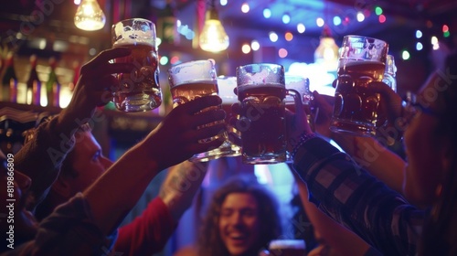 A group of people are celebrating with beer and glasses