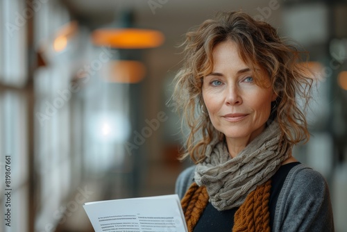Mature woman in a scarf holds document, with a thoughtful expression in a contemporary environment