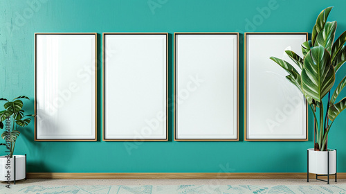Four blank horizontal poster frames in a Scandinavian style living room with a vibrant teal and white color scheme. Frames are staggered vertically beside a stylish indoor plant.