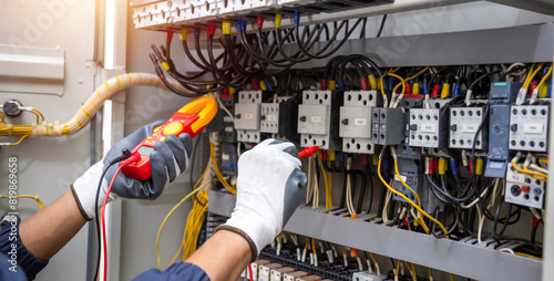 Electricity and electrical maintenance service, Engineer hand holding AC voltmeter checking electric current voltage at circuit breaker terminal and cable . 