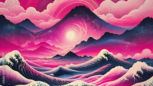 Tranquil Waters: Fink and fuchsia Sky and Mountain Reflections in Vector Design