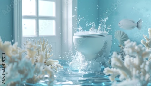 Bathroom scenting concept. Fresh waves and splashes of water rush into the toilet room, filling it with aquatic aroma.