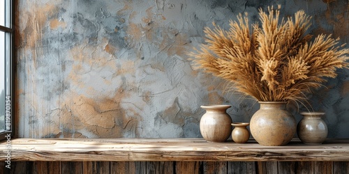On a rustic vintage shelf, a ceramic vase holds a dried fluffy bouquet.