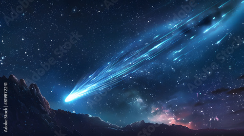 A comet is shooting through the sky, leaving a trail of light behind it