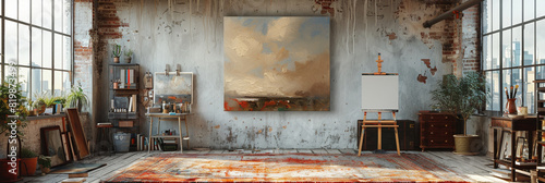 In a weathered, grungy studio, abstract paintings adorn textured walls amidst urban decay.