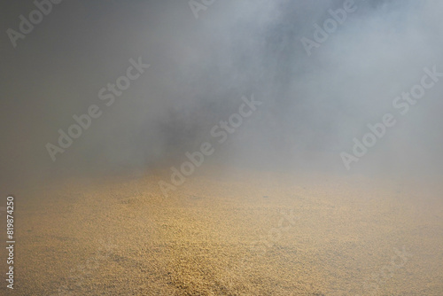Malted barley grains with smoke around it in a distillery kiln in Scotland. The barley is dried with smoke which results in smoky whisky.