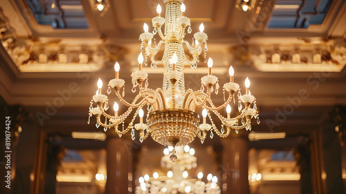 A chandelier with many lights hanging from it