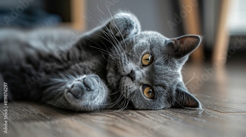 A gray cat laying on its back on the floor. Suitable for pet blogs or animal care websites