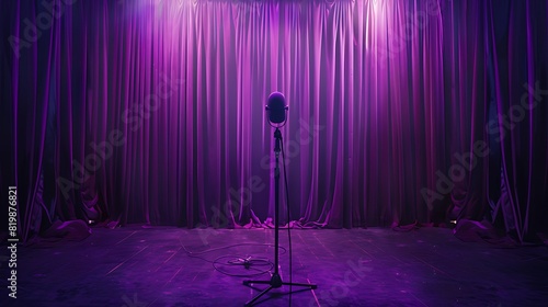 Vibrant purple stage curtains frame a microphone stand adorned with wireless headphones, awaiting the next song from a young singer