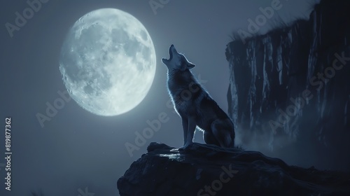 A lone wolf howls at the moon. The wolf is standing on a rock in front of a cliff. The moon is full and bright.