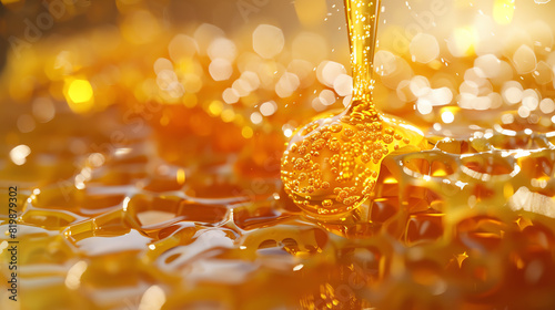 Golden honey dripping from honeycomb in slow motion
