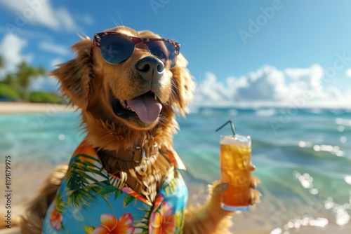 A dog enjoying a drink on the beach, perfect for summer vibes