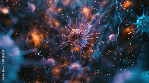 A high-resolution image of X virus particles isolated in a lab setting, highlighting research efforts towards developing vaccines and treatments. 32K.