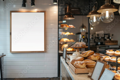 Blank advertising mockup board for advertisement at the bakery shop.