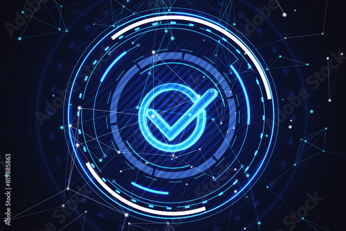A glowing blue checkmark inside a digital interface, with a futuristic, abstract background, concept of verification. 3D Rendering