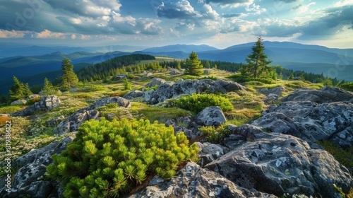 Rocky ridge and alpine pine bushes on Marmaros Pip Ivan Mountain, Ukraine.